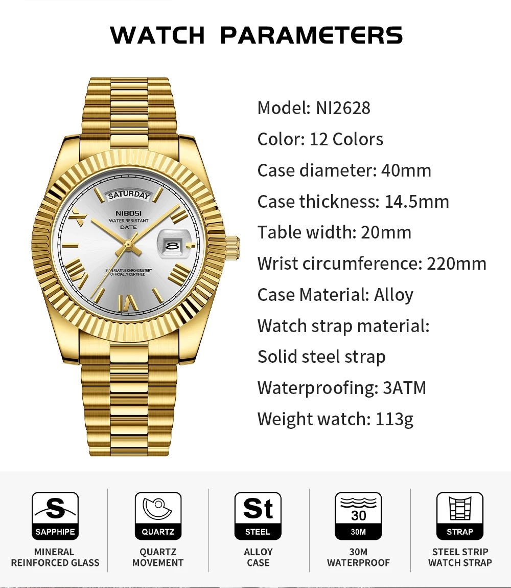 NIBOSI 2628 Fashion Casual Top Brand Reloj Montre Stainless Steel Strap Men Quartz Watches Date Calendar Waterproof Wrist Watch