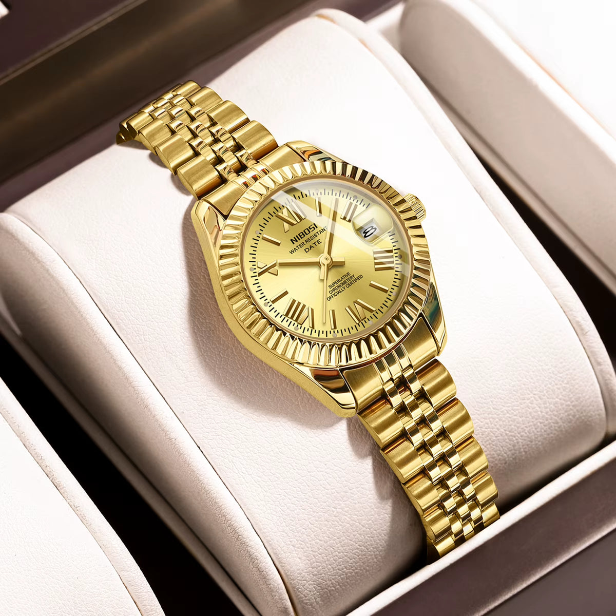NIBOSI 2681 Elegant Stylish Gold Quartz Date Ladies Watches Fashion Luxury Vintage Women Watch