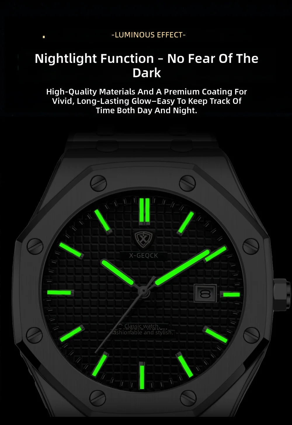 X-GEQCK High Quality Men Sport Watch Stainless Steel Fashion Sporty Luxurious Design Waterproof Luminous Quartz Watch