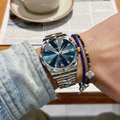 New Luxury Men'S Quartz Watch Alloy Case Glass Waterproof Chronograph Stainless Steel Band Factory Wholesale