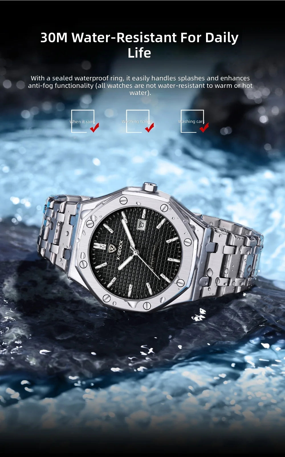 X-GEQCK High Quality Men Sport Watch Stainless Steel Fashion Sporty Luxurious Design Waterproof Luminous Quartz Watch