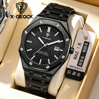 X-GEQCK High Quality Men Sport Watch Stainless Steel Fashion Sporty Luxurious Design Waterproof Luminous Quartz Watch