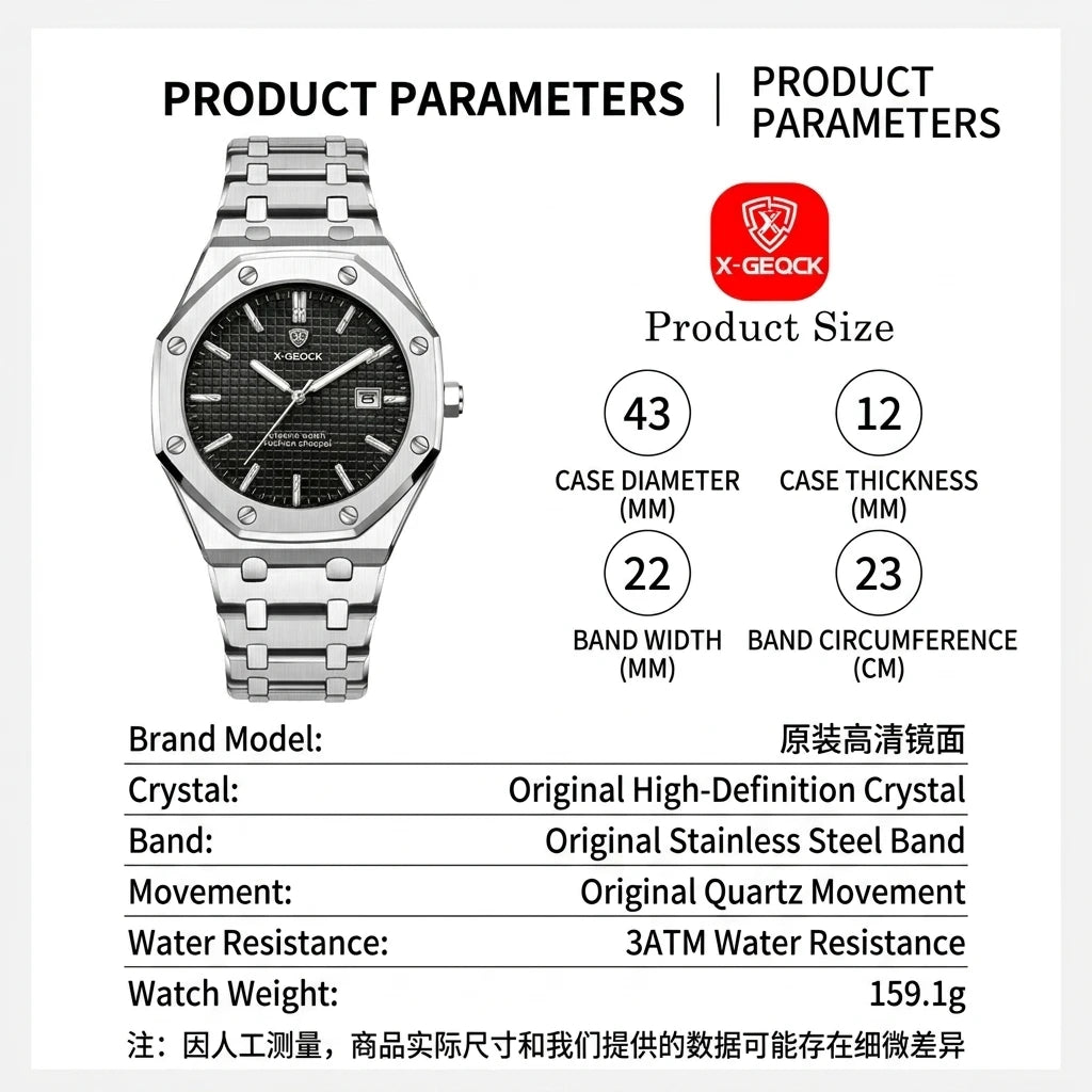 X-GEQCK High Quality Men Sport Watch Stainless Steel Fashion Sporty Luxurious Design Waterproof Luminous Quartz Watch