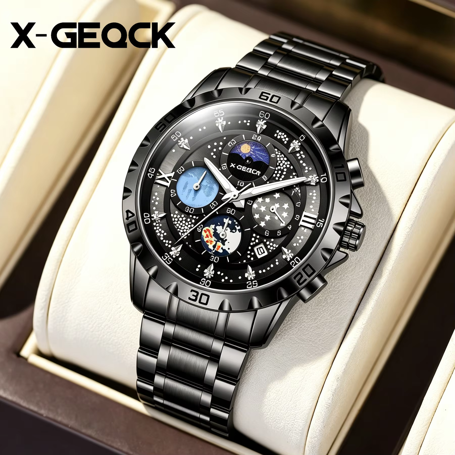 X-GEQCK 00745 Men'S Fashion Stainless Steel Strap Quartz Movement Multi-Function Sports Watch Luminous Dial