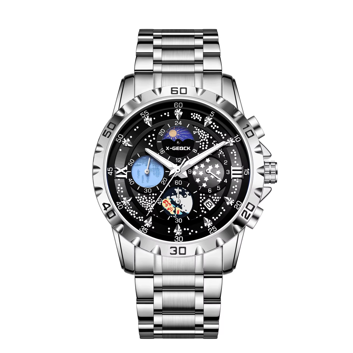 X-GEQCK 00745 Men'S Fashion Stainless Steel Strap Quartz Movement Multi-Function Sports Watch Luminous Dial