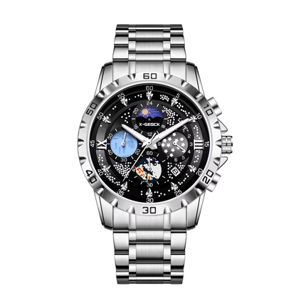 X-GEQCK 00745 Men'S Fashion Stainless Steel Strap Quartz Movement Multi-Function Sports Watch Luminous Dial