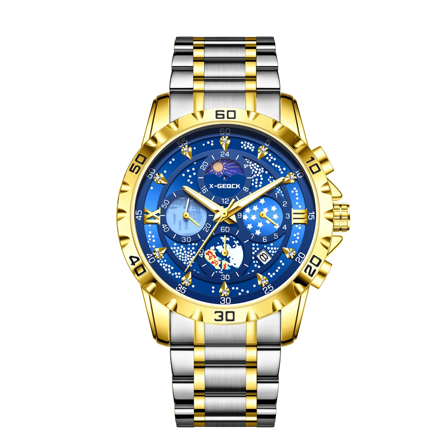 X-GEQCK 00745 Men'S Fashion Stainless Steel Strap Quartz Movement Multi-Function Sports Watch Luminous Dial