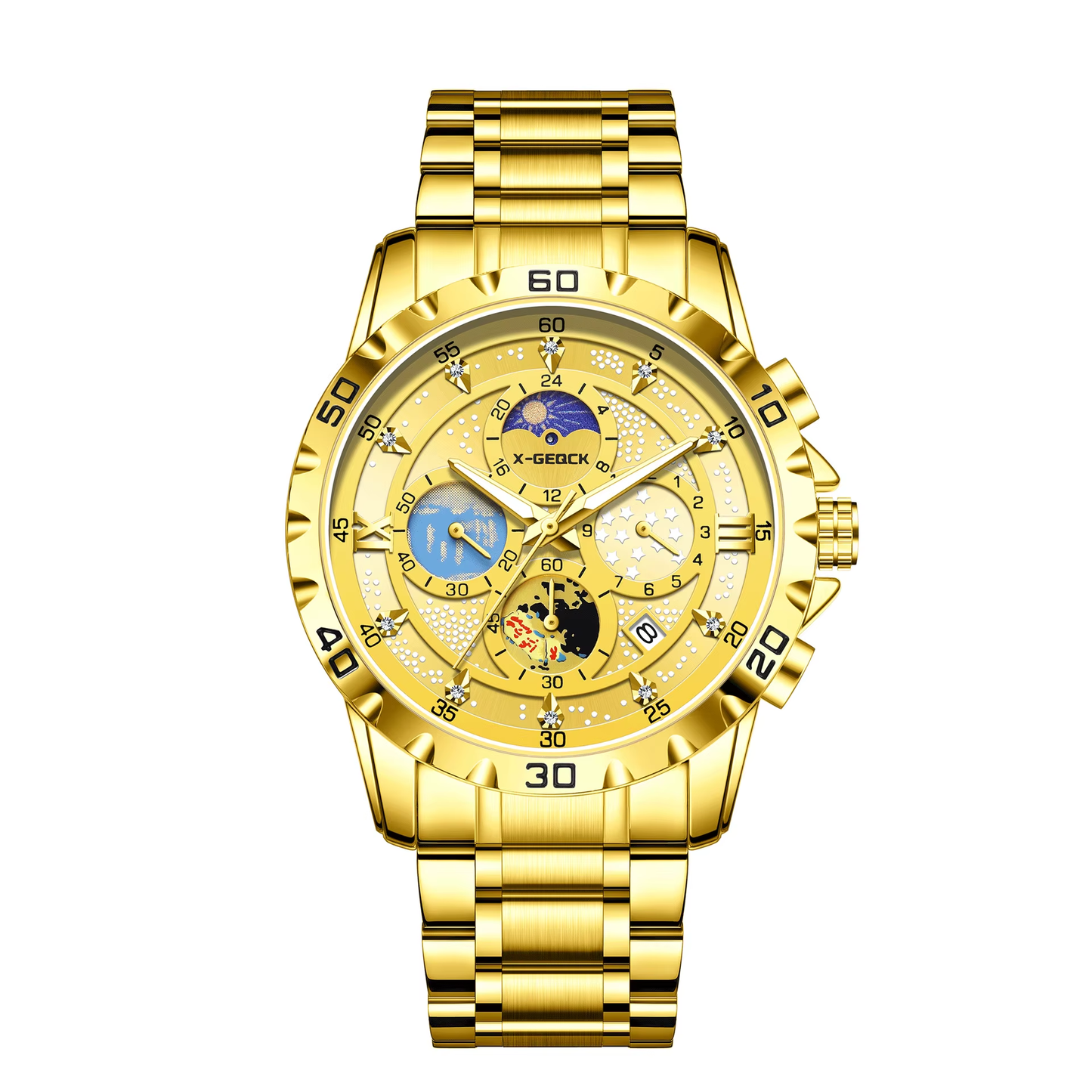 X-GEQCK 00745 Men'S Fashion Stainless Steel Strap Quartz Movement Multi-Function Sports Watch Luminous Dial