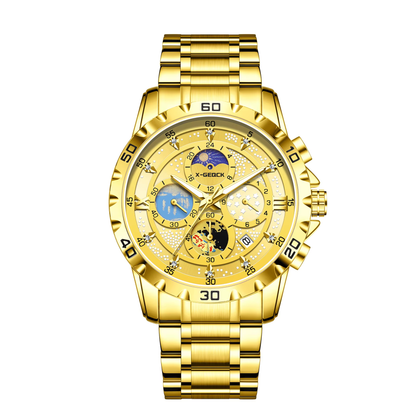 X-GEQCK 00745 Men'S Fashion Stainless Steel Strap Quartz Movement Multi-Function Sports Watch Luminous Dial