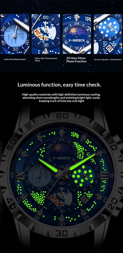 X-GEQCK 00745 Men'S Fashion Stainless Steel Strap Quartz Movement Multi-Function Sports Watch Luminous Dial