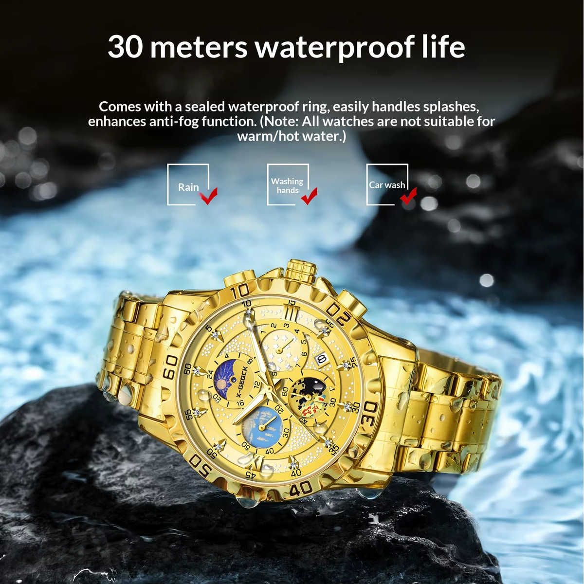 X-GEQCK 00745 Men'S Fashion Stainless Steel Strap Quartz Movement Multi-Function Sports Watch Luminous Dial