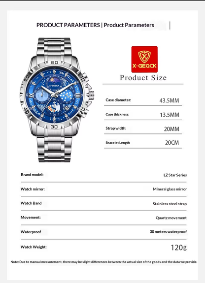X-GEQCK 00745 Men'S Fashion Stainless Steel Strap Quartz Movement Multi-Function Sports Watch Luminous Dial