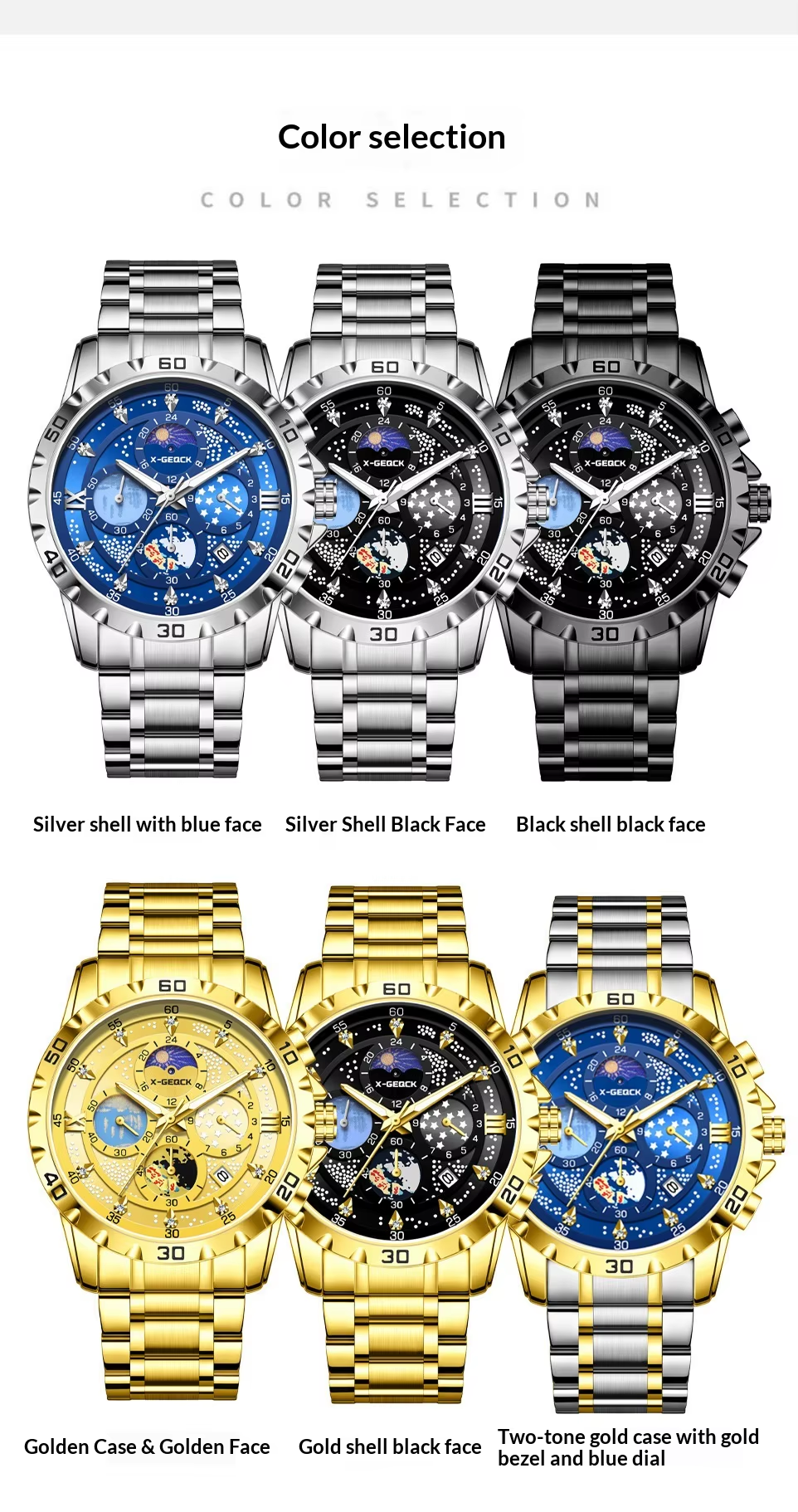 X-GEQCK 00745 Men'S Fashion Stainless Steel Strap Quartz Movement Multi-Function Sports Watch Luminous Dial