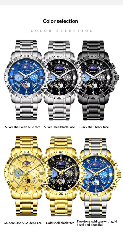 X-GEQCK 00745 Men'S Fashion Stainless Steel Strap Quartz Movement Multi-Function Sports Watch Luminous Dial