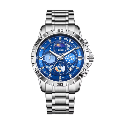 X-GEQCK 00745 Men'S Fashion Stainless Steel Strap Quartz Movement Multi-Function Sports Watch Luminous Dial