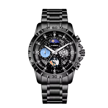 X-GEQCK 00745 Men'S Fashion Stainless Steel Strap Quartz Movement Multi-Function Sports Watch Luminous Dial
